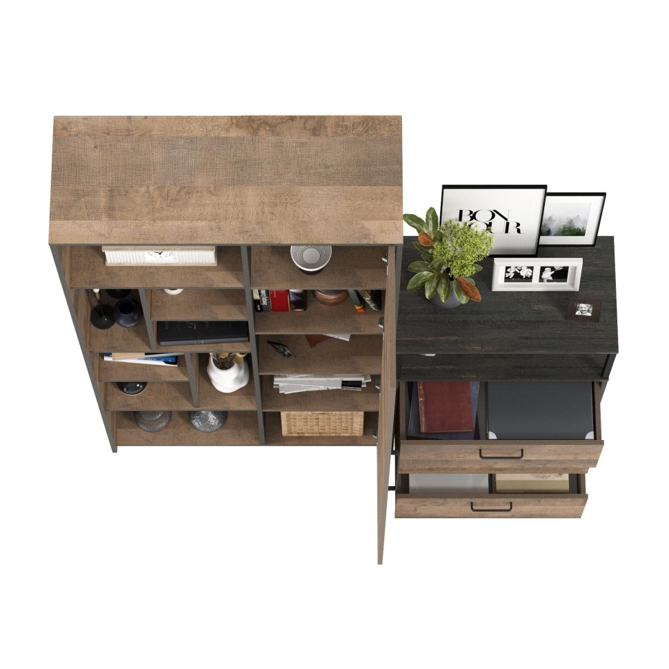 Трувор 13.206 Шкаф-стеллаж + 13.307.02 Комод с ящиками, цвет дуб гранж песочный/интра, ШхГхВ 159х37х194,2 см., универсальная сборка