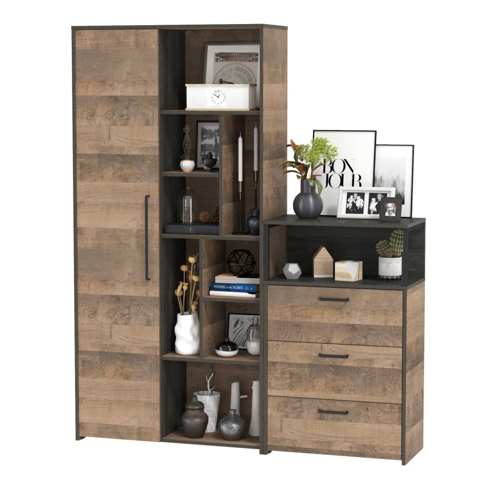 Трувор 13.206 Шкаф-стеллаж + 13.307.02 Комод с ящиками, цвет дуб гранж песочный/интра, ШхГхВ 159х37х194,2 см., универсальная сборка