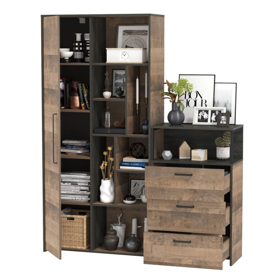 Трувор 13.206 Шкаф-стеллаж + 13.307.02 Комод с ящиками, цвет дуб гранж песочный/интра, ШхГхВ 159х37х194,2 см., универсальная сборка