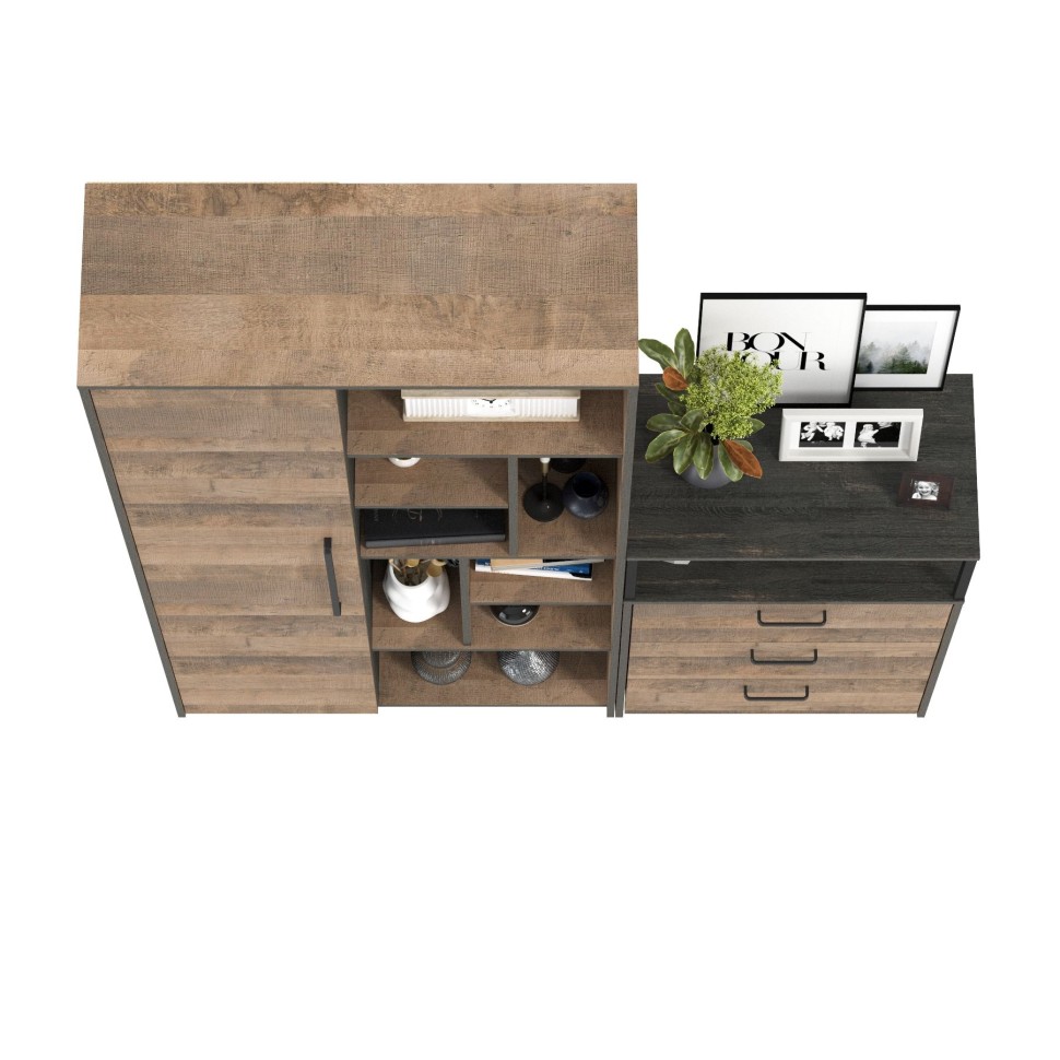Трувор 13.206 Шкаф-стеллаж + 13.307.02 Комод с ящиками, цвет дуб гранж песочный/интра, ШхГхВ 159х37х194,2 см., универсальная сборка