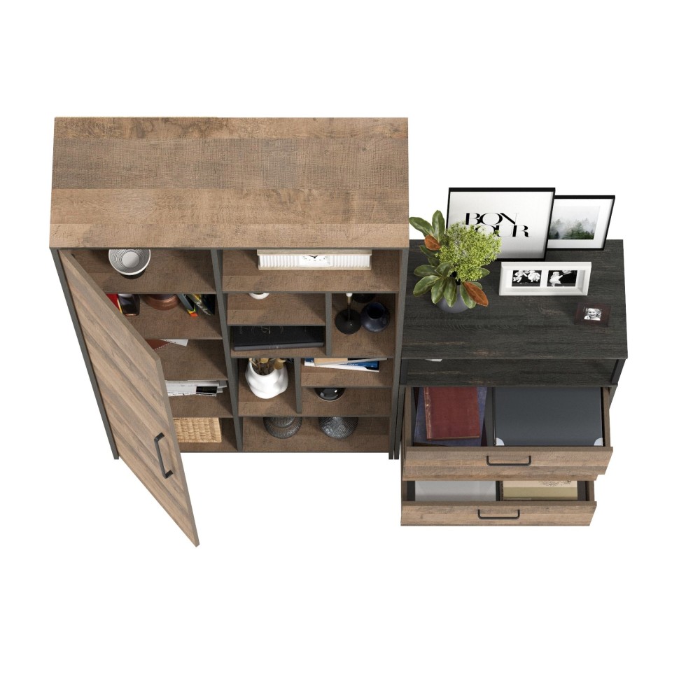 Трувор 13.206 Шкаф-стеллаж + 13.307.02 Комод с ящиками, цвет дуб гранж песочный/интра, ШхГхВ 159х37х194,2 см., универсальная сборка