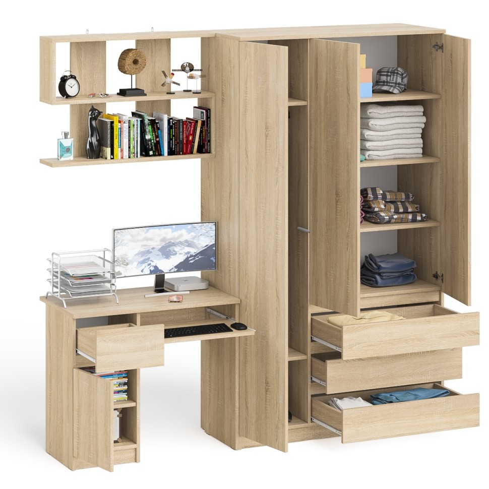 Мори Стол компьютерный МС-1 левый + Шкаф МШ1200.1 + Полка 900, цвет дуб сонома, ШхГхВ 210,4х50,4х209,6 см., НЕ универсальная сборка