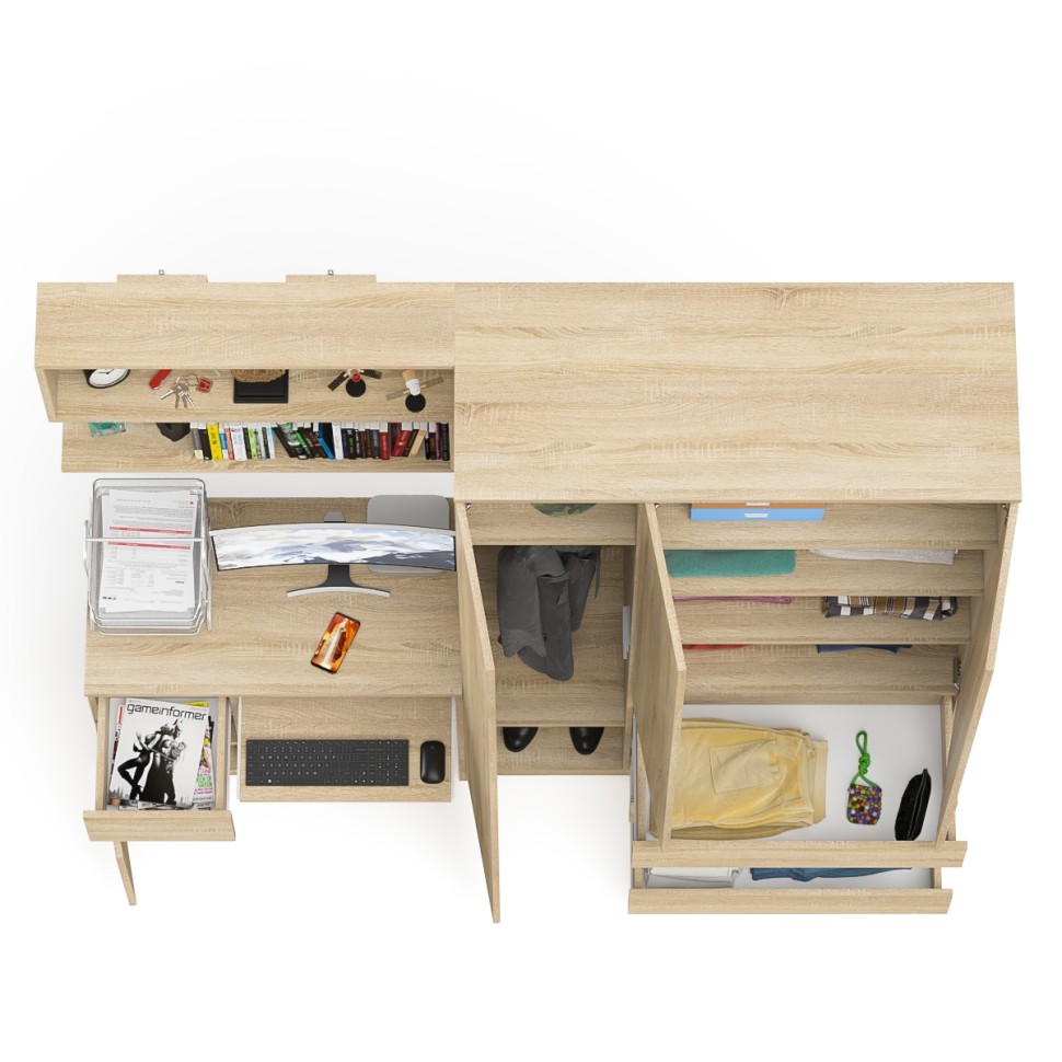 Мори Стол компьютерный МС-1 левый + Шкаф МШ1200.1 + Полка 900, цвет дуб сонома, ШхГхВ 210,4х50,4х209,6 см., НЕ универсальная сборка