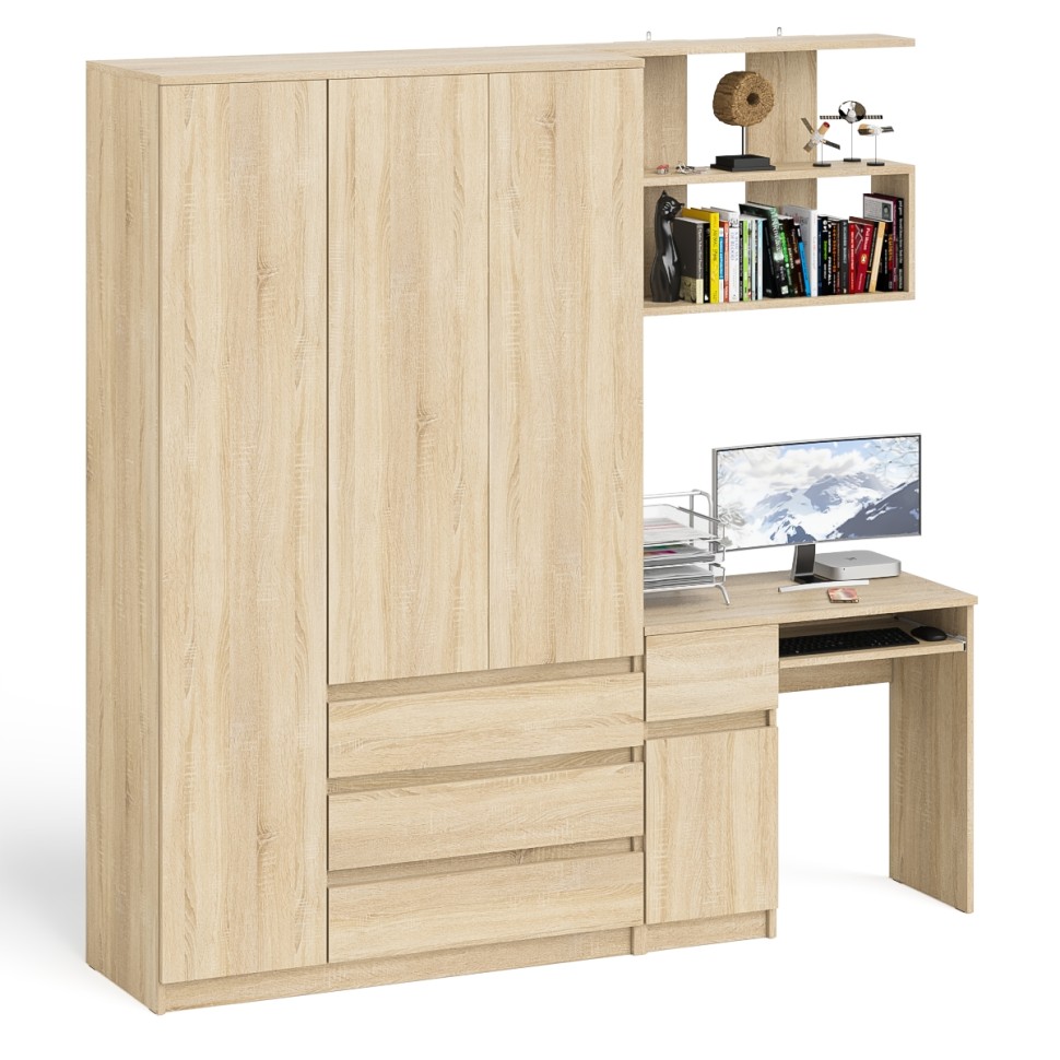 Мори Стол компьютерный МС-1 левый + Шкаф МШ1200.1 + Полка 900, цвет дуб сонома, ШхГхВ 210,4х50,4х209,6 см., НЕ универсальная сборка
