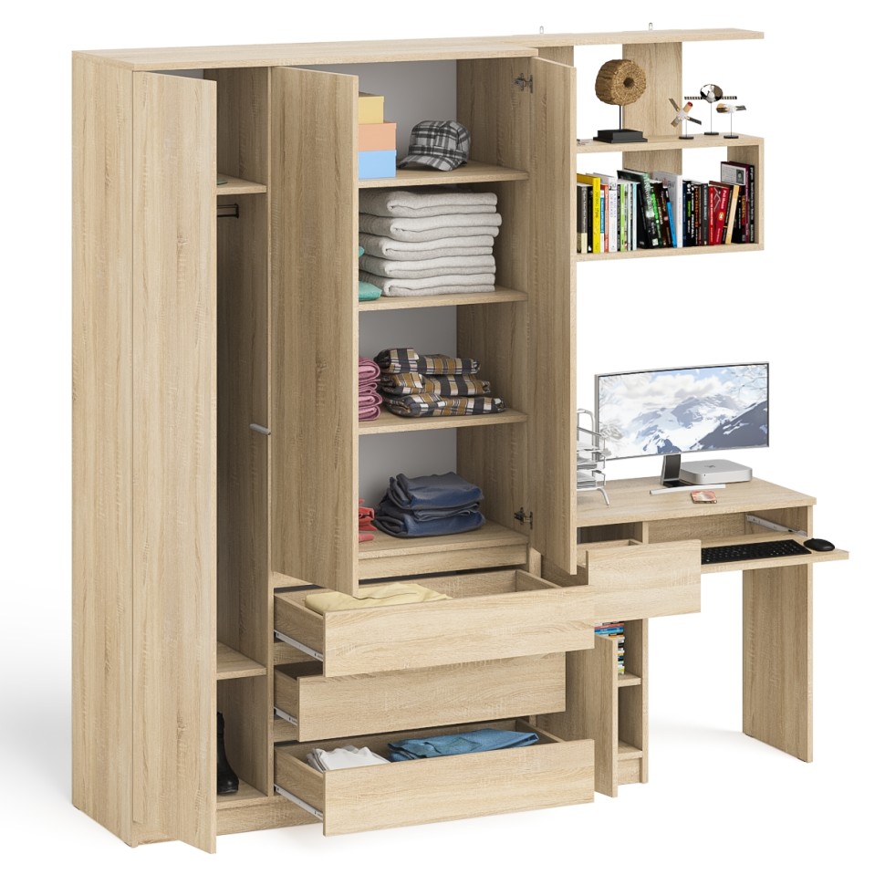 Мори Стол компьютерный МС-1 левый + Шкаф МШ1200.1 + Полка 900, цвет дуб сонома, ШхГхВ 210,4х50,4х209,6 см., НЕ универсальная сборка