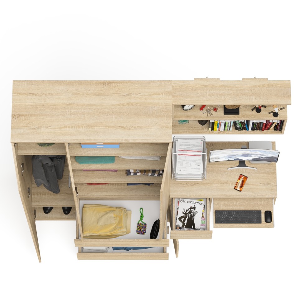 Мори Стол компьютерный МС-1 левый + Шкаф МШ1200.1 + Полка 900, цвет дуб сонома, ШхГхВ 210,4х50,4х209,6 см., НЕ универсальная сборка