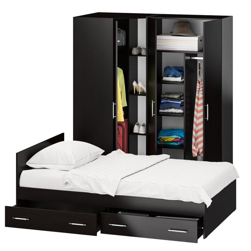 Спальня Стандарт 2-1200Я, цвет венге, ШхГхВ 123,5х203,5х70 + 171,2х81,2х200 см., сп.м. 1200х2000 мм., без матраса, основание есть