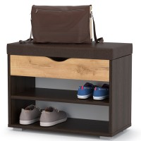 СНЯТО Лайт Тумба для обуви 08.57, цвет венге/дуб крафт золотой/тёмно-коричневая искусственная кожа, ШхГхВ 61,5х31,5х47 см.