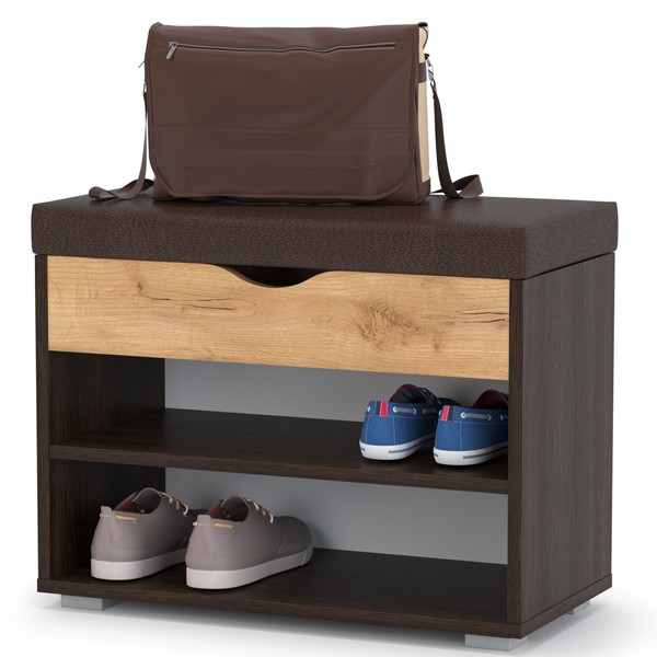 СНЯТО Лайт Тумба для обуви 08.57, цвет венге/дуб крафт золотой/тёмно-коричневая искусственная кожа, ШхГхВ 61,5х31,5х47 см.