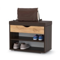 СНЯТО Лайт Тумба для обуви 08.57, цвет венге/дуб крафт золотой/тёмно-коричневая искусственная кожа, ШхГхВ 61,5х31,5х47 см.