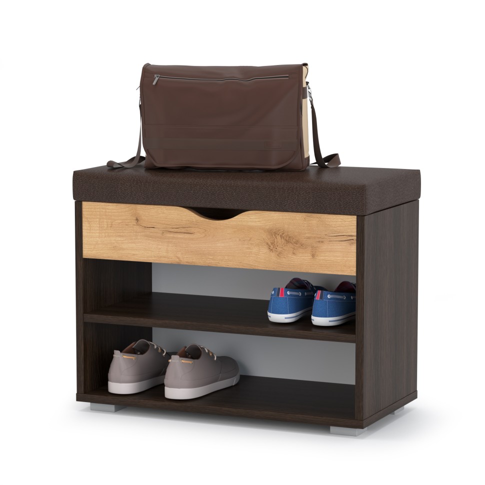 СНЯТО Лайт Тумба для обуви 08.57, цвет венге/дуб крафт золотой/тёмно-коричневая искусственная кожа, ШхГхВ 61,5х31,5х47 см.