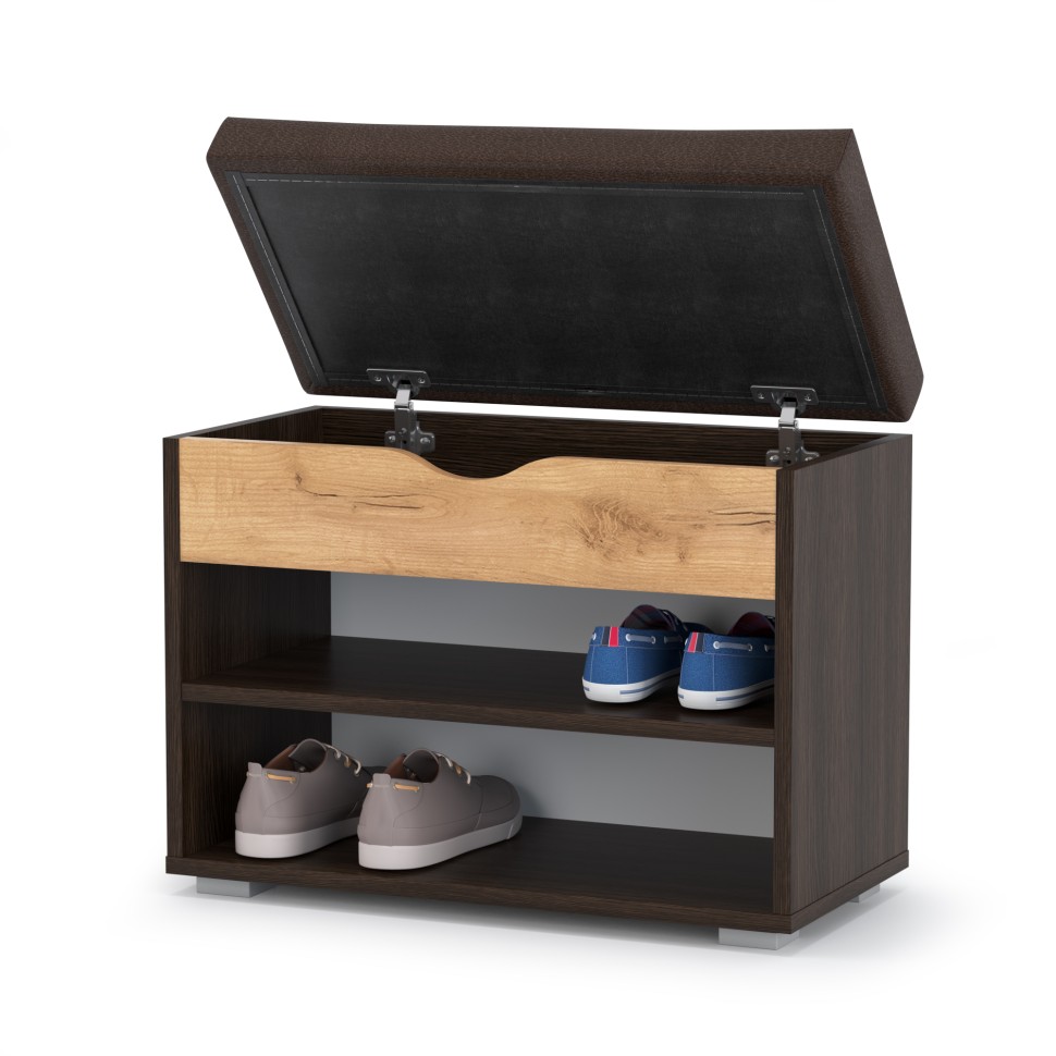 СНЯТО Лайт Тумба для обуви 08.57, цвет венге/дуб крафт золотой/тёмно-коричневая искусственная кожа, ШхГхВ 61,5х31,5х47 см.