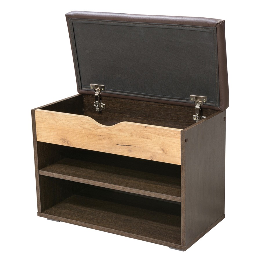 СНЯТО Лайт Тумба для обуви 08.57, цвет венге/дуб крафт золотой/тёмно-коричневая искусственная кожа, ШхГхВ 61,5х31,5х47 см.