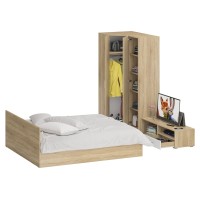 Спальня Стандарт 4-1800, цвет дуб сонома/фасады ТВ тумбы МДФ белый глянец, сп.м. 1800х2000 мм., без матраса, основание есть