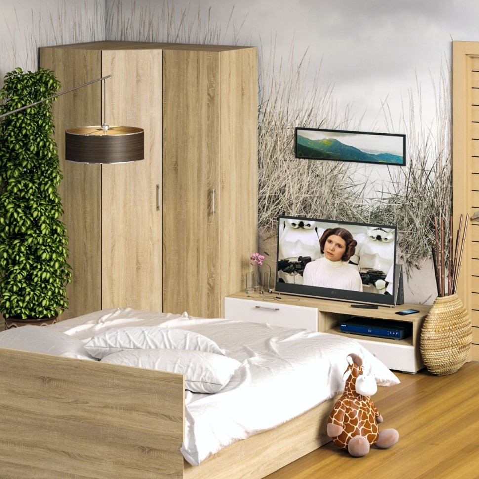 Спальня Стандарт 4-1800, цвет дуб сонома/фасады ТВ тумбы МДФ белый глянец, сп.м. 1800х2000 мм., без матраса, основание есть