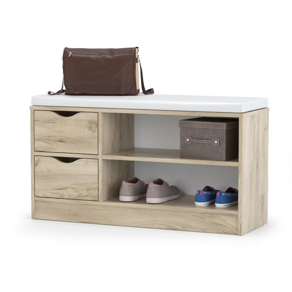 СНЯТО Лайт Тумба для обуви 10.82, цвет дуб крафт серый/белая искусственная кожа, ШхГхВ 97х34,6х52,9 см., НЕ универсальная сборка