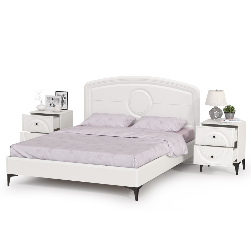 Валенсия Спальня 11.36.01 Кровать + ортопед + две 13.291 Тумбы, цвет ЛДСП белый шагрень/МДФ белый шагрень, ШхГхВ 270х204х115,3 см, 1600х2000 мм., б/м