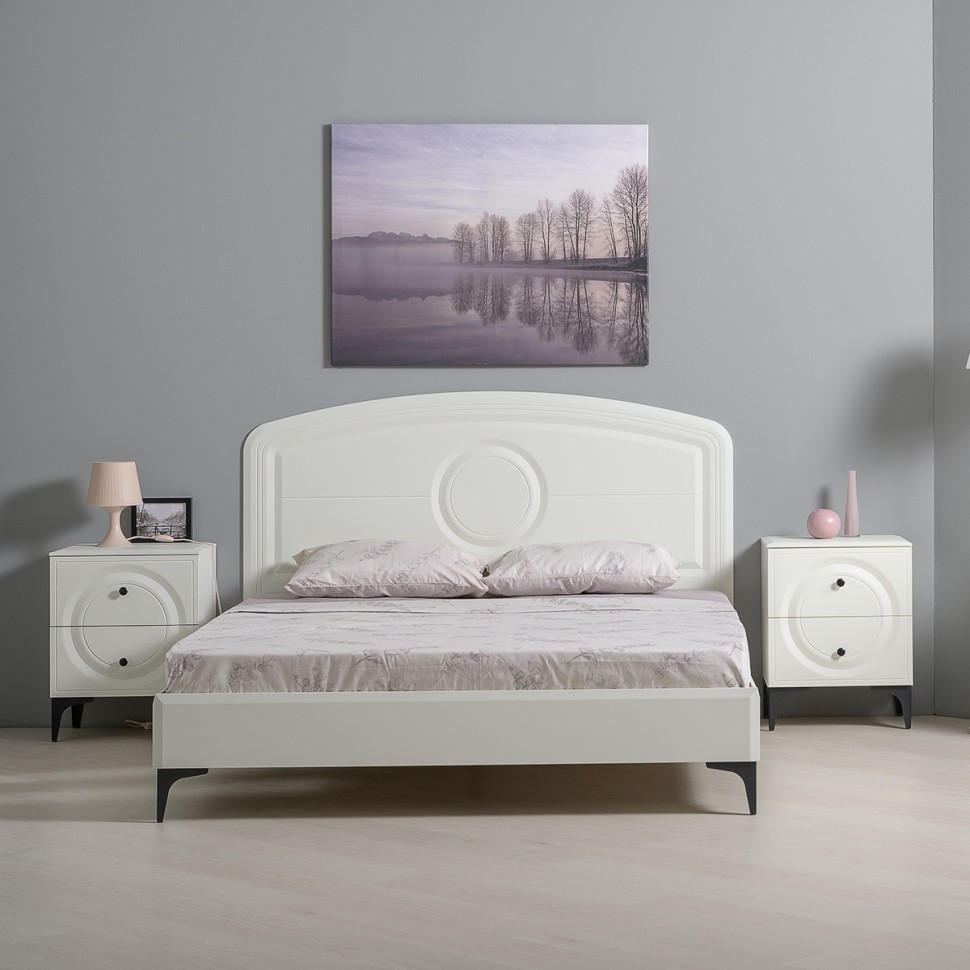 Валенсия Спальня 11.36.01 Кровать + ортопед + две 13.291 Тумбы, цвет ЛДСП белый шагрень/МДФ белый шагрень, ШхГхВ 270х204х115,3 см, 1600х2000 мм., б/м