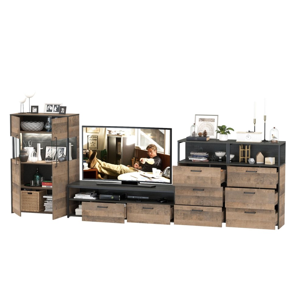 Трувор Гостиная 110, цвет дуб гранж песочный/интра, ШхГхВ 367,6х45,4х135,3 см., универсальная сборка