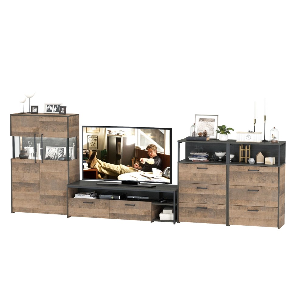 Трувор Гостиная 110, цвет дуб гранж песочный/интра, ШхГхВ 367,6х45,4х135,3 см., универсальная сборка