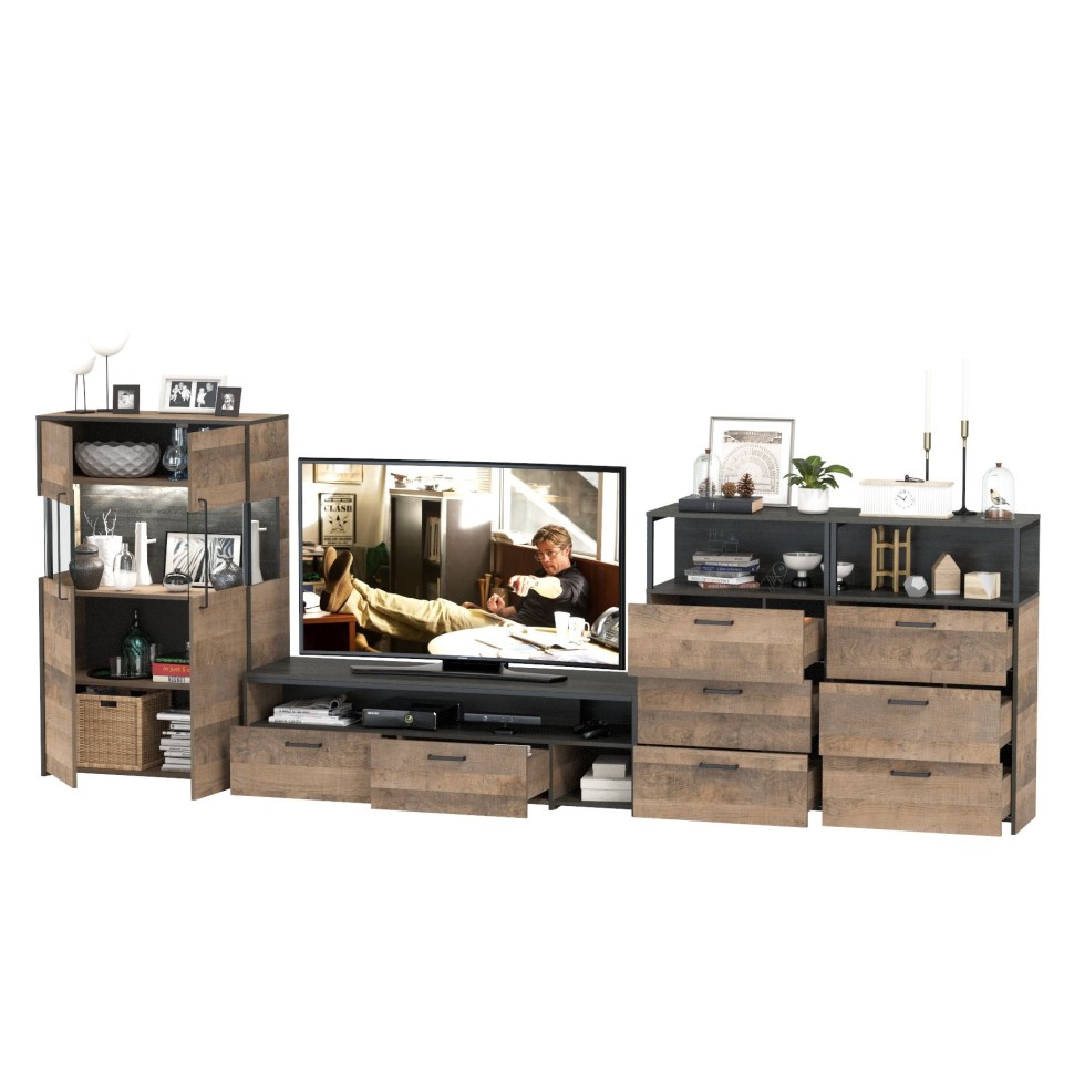 Трувор Гостиная 110, цвет дуб гранж песочный/интра, ШхГхВ 367,6х45,4х135,3 см., универсальная сборка