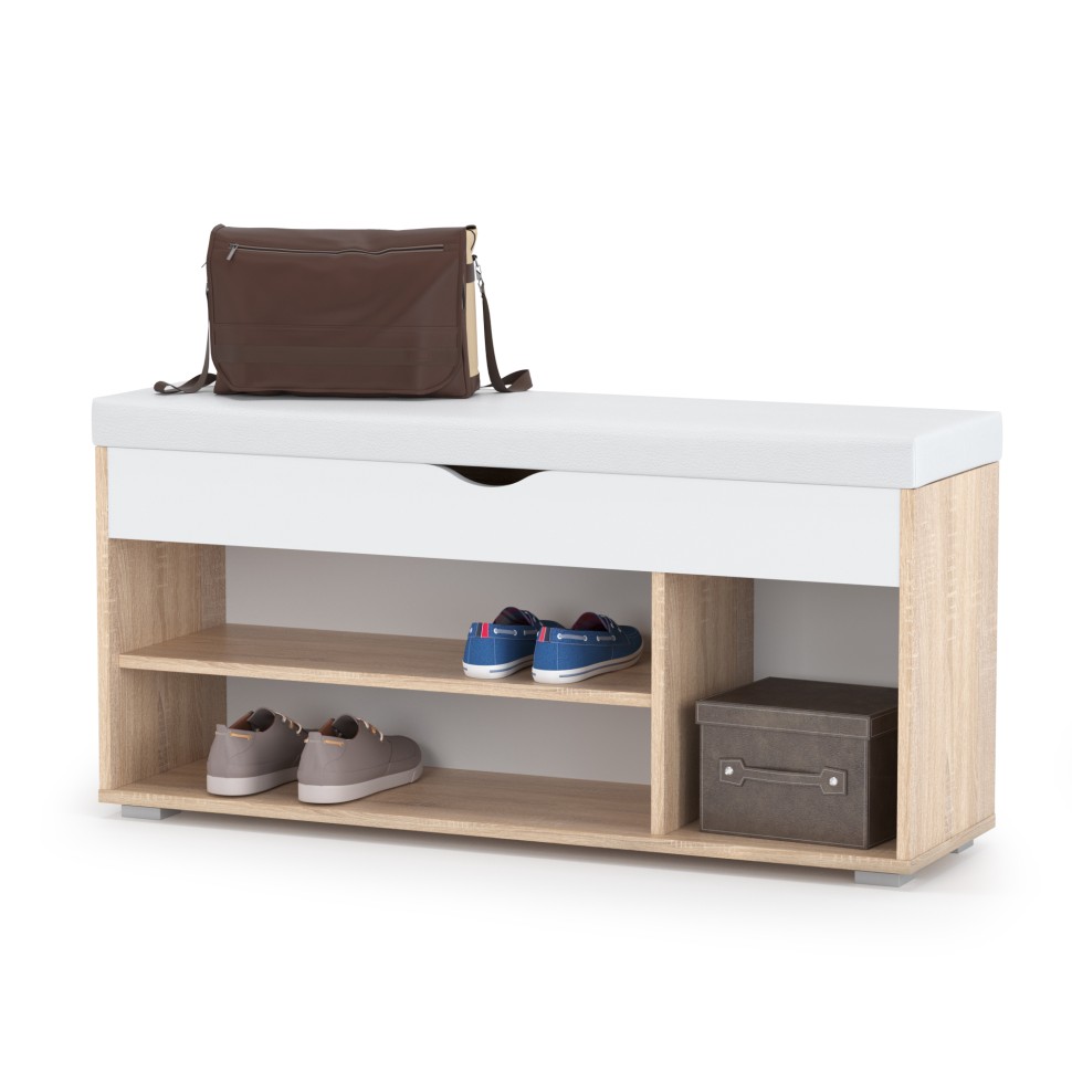 СНЯТО Лайт Тумба для обуви 08.58, цвет дуб сонома/белый/белая искусственная кожа, ШхГхВ 105,5х31,5х51 см., НЕ универс. сборка