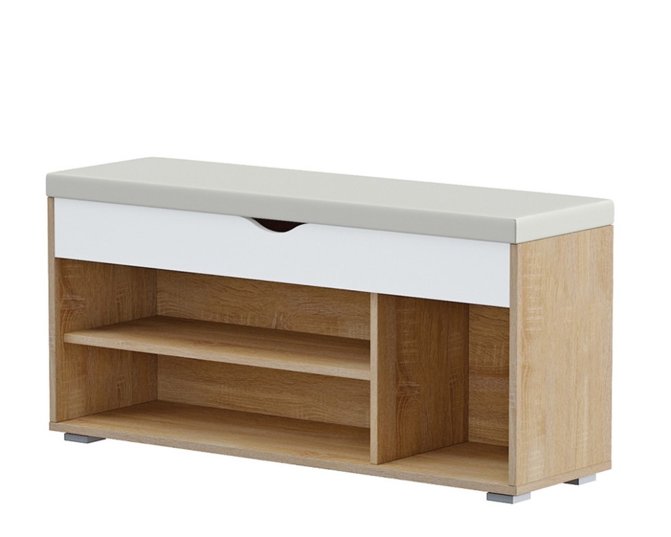 СНЯТО Лайт Тумба для обуви 08.58, цвет дуб сонома/белый/белая искусственная кожа, ШхГхВ 105,5х31,5х51 см., НЕ универс. сборка