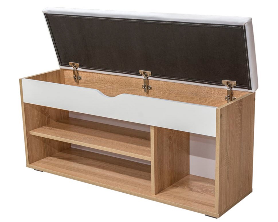 СНЯТО Лайт Тумба для обуви 08.58, цвет дуб сонома/белый/белая искусственная кожа, ШхГхВ 105,5х31,5х51 см., НЕ универс. сборка