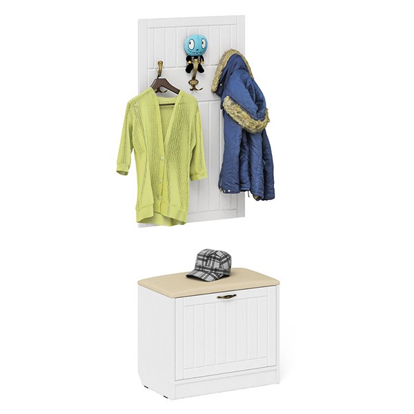 Прихожая П-6 Тумба + Вешалка, цвет белая шагрень/фасады МДФ белое дерево фрезеровка прованс, ШхГхВ 60х35х200 см.