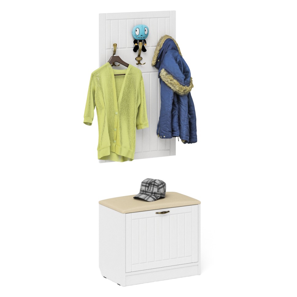 Прихожая П-6 Тумба + Вешалка, цвет белая шагрень/фасады МДФ белое дерево фрезеровка прованс, ШхГхВ 60х35х200 см.