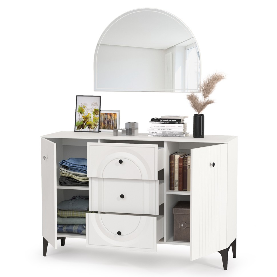 СНЯТО Валенсия Спальня 13.309 Комод + 15.31 Зеркало, цвет ЛДСП белый шагрень/МДФ белый шагрень, ШхГхВ 133,2х38,4х175 см.