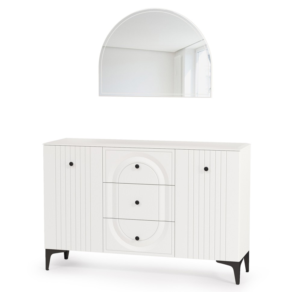 СНЯТО Валенсия Спальня 13.309 Комод + 15.31 Зеркало, цвет ЛДСП белый шагрень/МДФ белый шагрень, ШхГхВ 133,2х38,4х175 см.