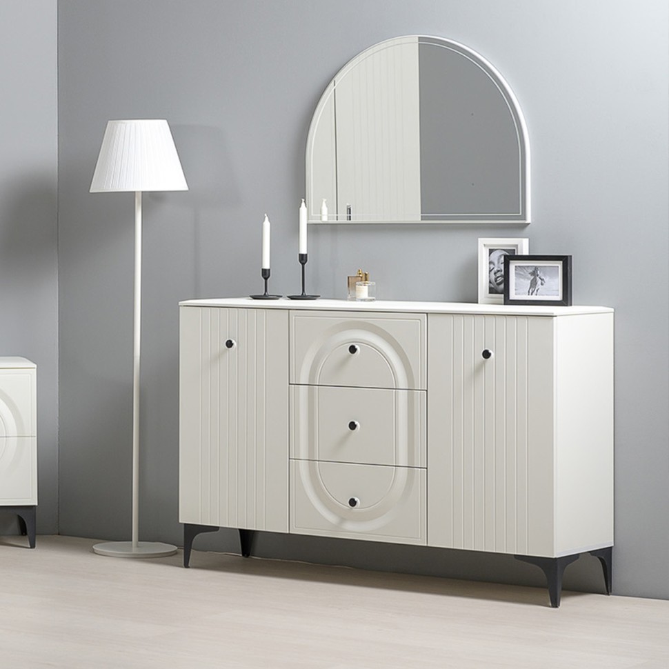 СНЯТО Валенсия Спальня 13.309 Комод + 15.31 Зеркало, цвет ЛДСП белый шагрень/МДФ белый шагрень, ШхГхВ 133,2х38,4х175 см.