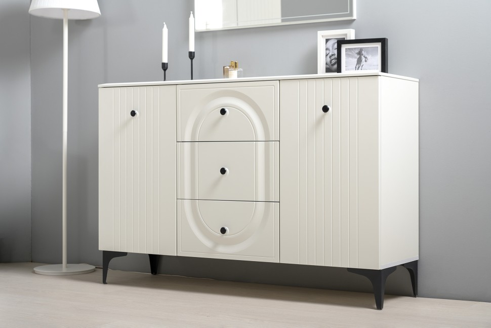 СНЯТО Валенсия Спальня 13.309 Комод + 15.31 Зеркало, цвет ЛДСП белый шагрень/МДФ белый шагрень, ШхГхВ 133,2х38,4х175 см.