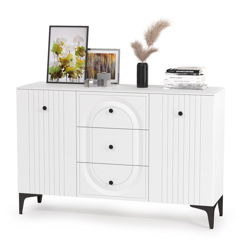 СНЯТО Валенсия Спальня 13.309 Комод + 15.31 Зеркало, цвет ЛДСП белый шагрень/МДФ белый шагрень, ШхГхВ 133,2х38,4х175 см.