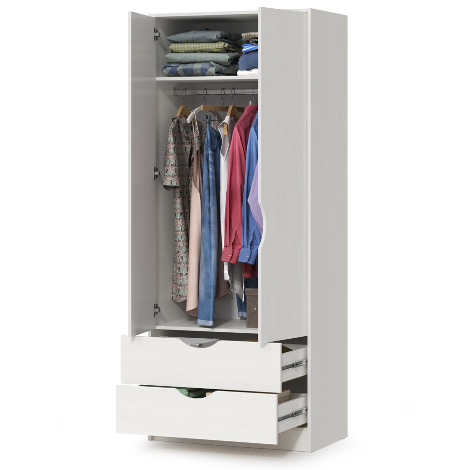 КР100 Уна 13.327 Шкаф для одежды, цвет белый(структура Поры дерева), ШхГхВ 83,8х49,7х205,3 см., два выдвижных ящика