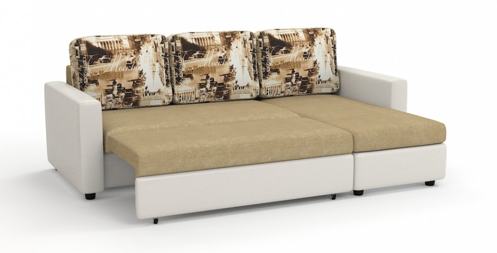 Диван угловой Траумберг велюр бежевый + город + экокожа белый