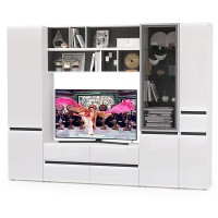 Сидней Комплектация № 031, цвет корпус: белый/чёрный/фасады: МДФ белый глянец, ШхГхВ 264,9х41,3х205,2 см., ниша для ТВ 129х41х90 см., универс. сборка