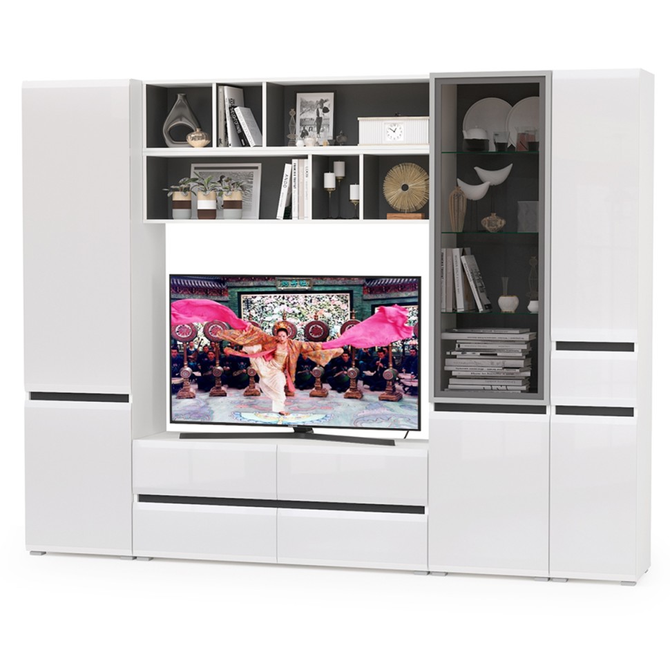 Сидней Комплектация № 031, цвет корпус: белый/чёрный/фасады: МДФ белый глянец, ШхГхВ 264,9х41,3х205,2 см., ниша для ТВ 129х41х90 см., универс. сборка