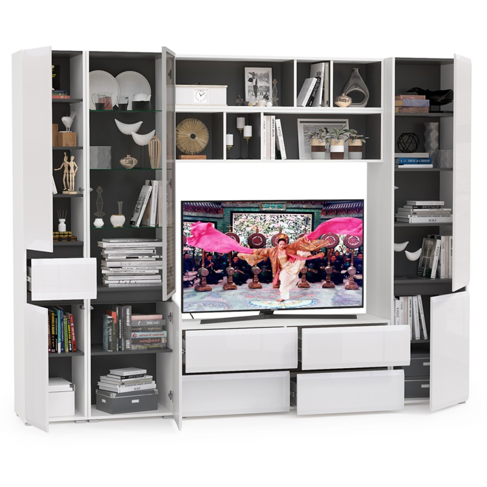 Сидней Комплектация № 031, цвет корпус: белый/чёрный/фасады: МДФ белый глянец, ШхГхВ 264,9х41,3х205,2 см., ниша для ТВ 129х41х90 см., универс. сборка