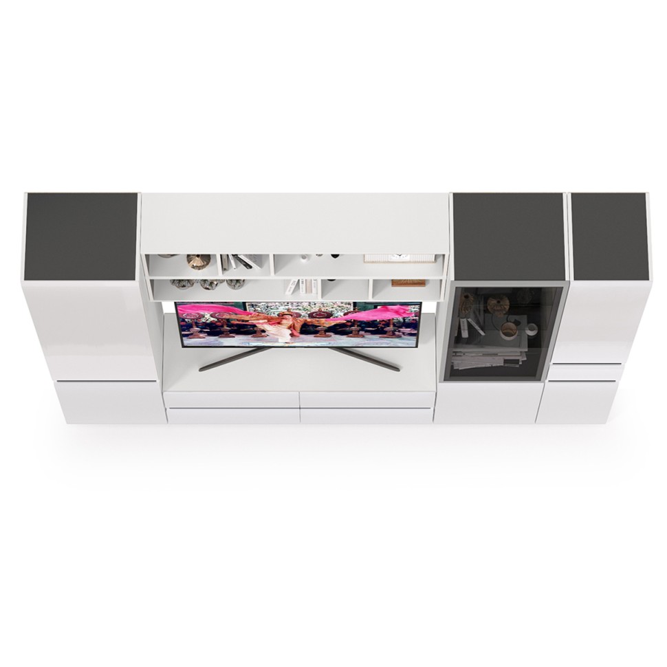 Сидней Комплектация № 031, цвет корпус: белый/чёрный/фасады: МДФ белый глянец, ШхГхВ 264,9х41,3х205,2 см., ниша для ТВ 129х41х90 см., универс. сборка