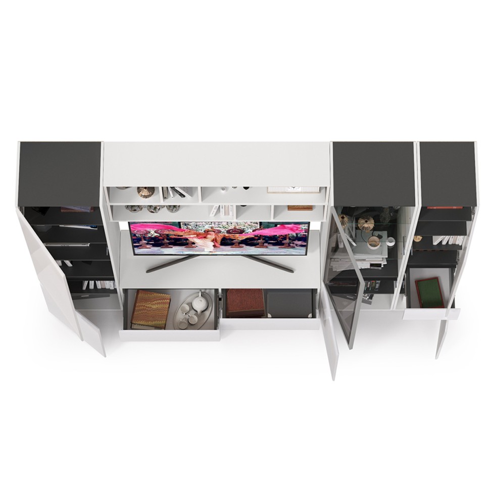 Сидней Комплектация № 031, цвет корпус: белый/чёрный/фасады: МДФ белый глянец, ШхГхВ 264,9х41,3х205,2 см., ниша для ТВ 129х41х90 см., универс. сборка