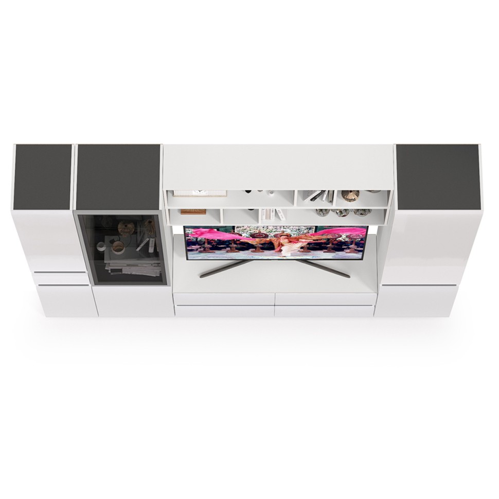 Сидней Комплектация № 031, цвет корпус: белый/чёрный/фасады: МДФ белый глянец, ШхГхВ 264,9х41,3х205,2 см., ниша для ТВ 129х41х90 см., универс. сборка