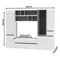 Сидней Комплектация № 031, цвет корпус: белый/чёрный/фасады: МДФ белый глянец, ШхГхВ 264,9х41,3х205,2 см., ниша для ТВ 129х41х90 см., универс. сборка