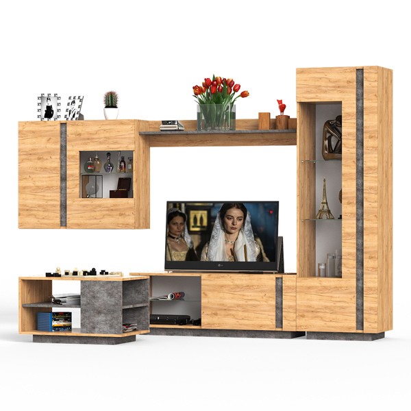 СНЯТО НСН Арчи № 09, цвет дуб крафт золотой/камень тёмный, ниша для ТВ 130х41х110 см., НЕ универсальная сборка