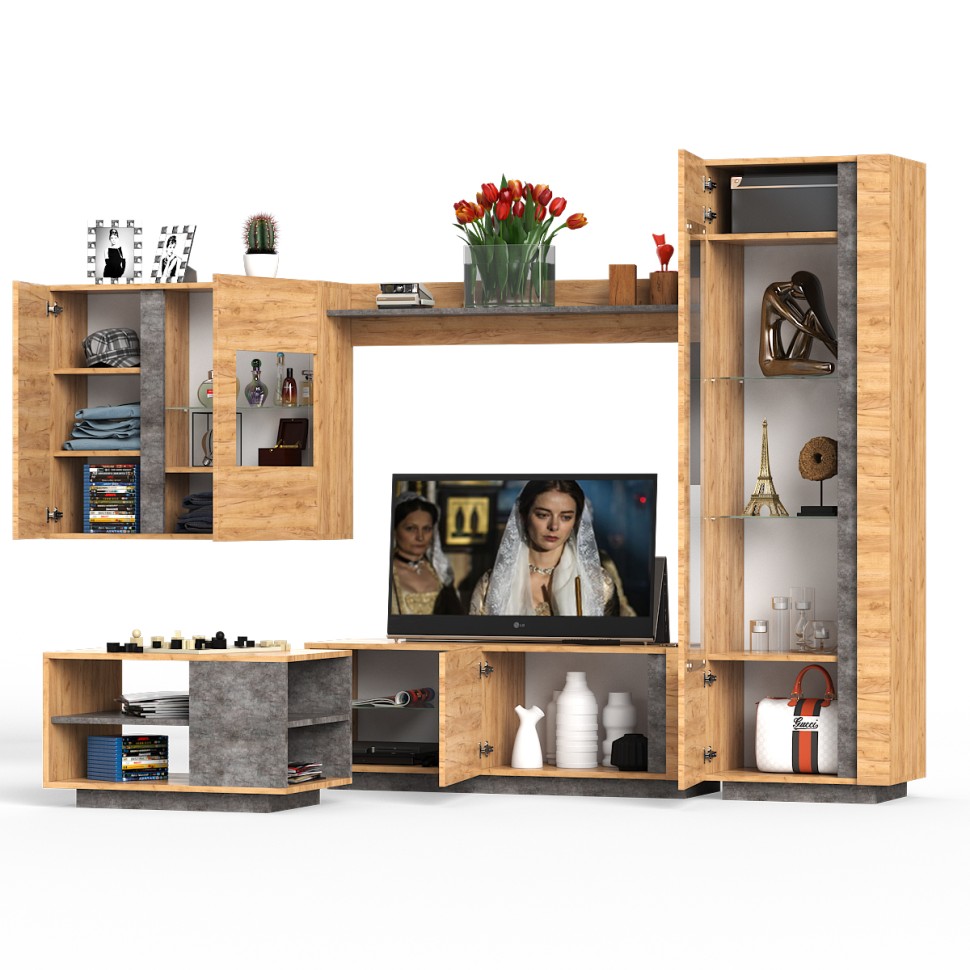 СНЯТО НСН Арчи № 09, цвет дуб крафт золотой/камень тёмный, ниша для ТВ 130х41х110 см., НЕ универсальная сборка