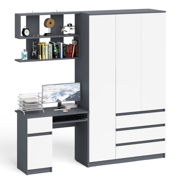 Мори Стол компьютерный МС-1 левый + Шкаф МШ1200.1 + Полка 900, цвет графит/белый, ШхГхВ 210,4х50,4х209,6 см., НЕ универсальная сборка