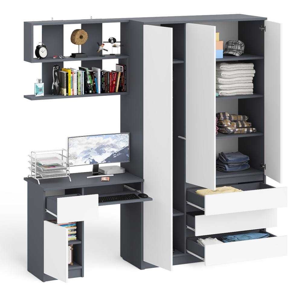 Мори Стол компьютерный МС-1 левый + Шкаф МШ1200.1 + Полка 900, цвет графит/белый, ШхГхВ 210,4х50,4х209,6 см., НЕ универсальная сборка