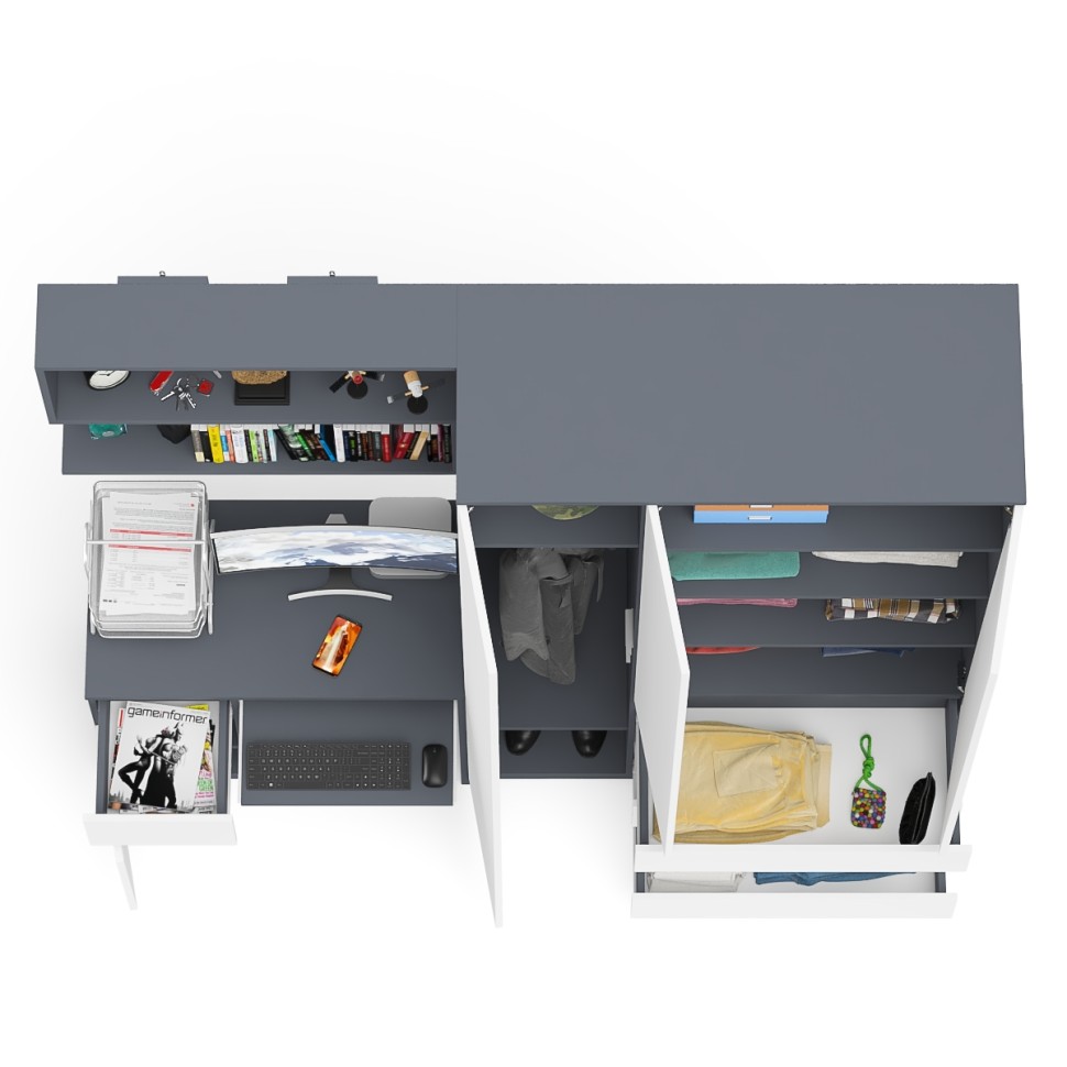 Мори Стол компьютерный МС-1 левый + Шкаф МШ1200.1 + Полка 900, цвет графит/белый, ШхГхВ 210,4х50,4х209,6 см., НЕ универсальная сборка