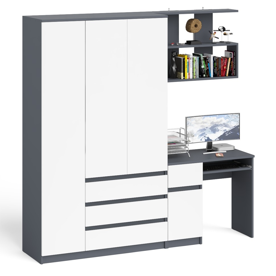 Мори Стол компьютерный МС-1 левый + Шкаф МШ1200.1 + Полка 900, цвет графит/белый, ШхГхВ 210,4х50,4х209,6 см., НЕ универсальная сборка